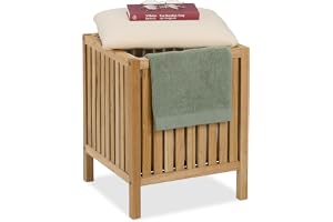Relaxdays Tvättkorg med säte, badrumspall med förvaringsutrymme, 30 l tvättkorg, HBT: 51 x 38 x 38 cm, trä/tyg, natur