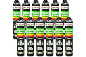 ISOLBAU Lot de 12 boîtes de mousse de construction, 750 ml, mousse de montage 1K, en polyuréthane, mousse de remplissage, d'isolation, pour l'intérieur, l'extérieur, les fenêtres et les portes