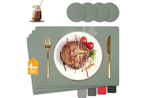 HELI MIAO Tischsets Abwaschbar,Platzsets Abwischbar,Tischset Leder,Hitzebeständig Doppelseitigen I 4er Set Platzdeckchen Lederoptik mit Untersetzer,Tischuntersetzer rutschfest,Platzdecken,Salbeigrün