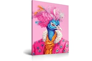 HesenDot Pink Peacock Framed Wall Art,30x40CM Funky Hipster Canvas Print,Quirky Animal in Fur Fashion Picture Preppy Home Decor for Living Room Bedroom Bathroom,Set of 1