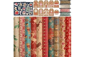 FullJoyHut Papel de Regalo Kraft Navidad con 10 Hojas Reciclable Papel de Regalo Navideño Grande 70x50cm,10 Etiquetas Regalo,4 Rollo Hilo Yute Cuerda Algodon para Decoración Navideña