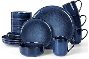 Homikit Dinner Set for 4, 16-Piece Reactive Glaze Kitchen Dinnerware Sets, Elegant Stoneware Included Plates Bowls and Mugs, Non-Scratch & Sturdy, Dishwasher & Microwave Safe, Nebulas Blue