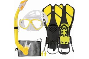 HH HHAO SPORT Set da Snorkeling per Bambini con Pinne, Vista Panoramica a 180° Occhialini Antiappannamento, Pinne da Nuoto Regolabili, Snorkel, Borsa in Rete ad Asciugatura Rapida