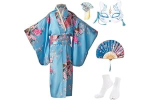 KRUIHAN Dzieci Yukata Vintage Japoński Styl - Dziewczyna Kimono Dzieci Sukienka Tradycyjna Odzież Jedwabna Tkanina Szlafrok Odzież Ślubna Imprezowa Występ Suknia, NIEBIESKI, 140