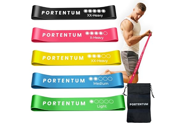 PORTENTUM Elastique Musculation, Set de 5 Bandes élastique Musculation. Confortable et Durable Latex avec Sac de Rangement pour Le Bande Elastique Musculation