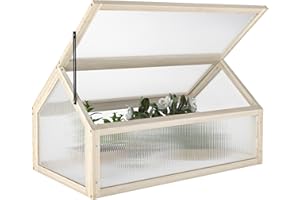 Outsunny Wooden Cold Frame Garden Polycarbonate Greenhouse with Openable Top Cover, Grow House for Flowers, Vegetables, Plants, 90 x 52 x 50cm, Natural