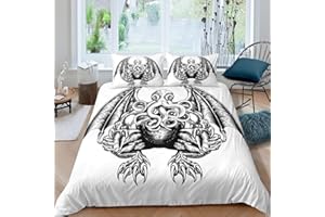 LOUSSIESD Kraken Cthulhu potwór zły kosmiczny potwór zestaw pościeli dla chłopców nastolatków dzieci mężczyzn, pokrowiec na kołdrę w stylu drewnianym biały węgiel drzewny nadruk dziecięcy, dekoracja, 3 szt.