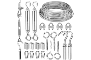 SIYRDXCBT 21 Piezas Juego de Cable Acero Plastificado de Aceros Inoxidable 304 de 15M Cable de Acero de 2Mm con Tensores para Toldos para Tendederos y Plantas Trepadoras y Lámparas Colgantes y Proyectos DIY