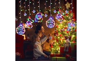 LOLStar Christmas Window Lights, 180 LED Multi Color Hanging Christmas Decorations Curtain Lights, Christmas Ball, Sock, and Santa Claus, Indoor String Lights Connectable 8 Flashing Modes for New Year