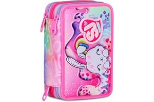 SJ GANG STYLE JAM GANG Astuccio Scuola 3 Zip, Fucsia, Portapenne Triplo Scomparto Completo Di Penne, Matite, Colori, Accessori Zaino, Scuola Elementare, Bambina