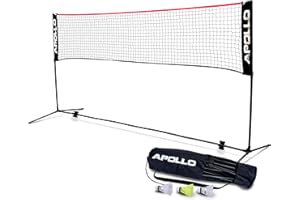 Apollo Filet Badminton | Filet de Volley Ball | 300cm | 400cm | 500 cm | Filet de Badminton Réglable, Set avec Filet de Sport, 3 Volants, Support en Acier, Sac de Transport, Intérieur et Extérieur