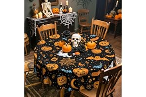 iEvery Halloween Round Table Cloth Wipe Clean, Wipeable Pumpkin Ghost Skull Tablecloth Circular, Halloween Decorations Outdoor Table Cover Polyester Waterproof for Kitchen Party 150cm