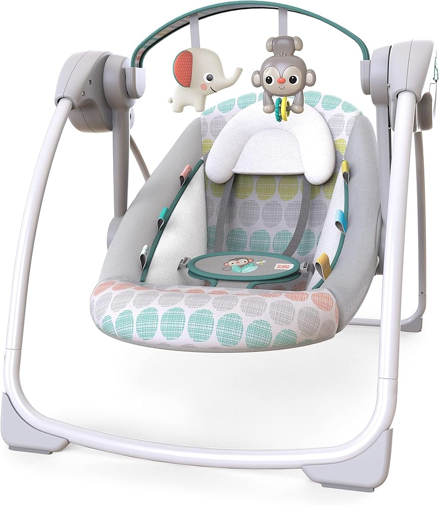 Bright Starts Bebek Salıncağı, Uyarlanabilir Hız, Kumaş Oyuncaklar, Müzik, Çıkarılabilir Oyuncak Barı, 0-9 Ay 3-9 kg (Tuhaf Vahşi) ile Portatif Otomatik 6 Vitesli