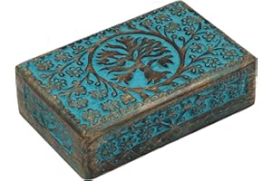 Craft&Style Deko Schatulle Kästchen Box Schachtel Kiste Dose aus Holz mit Deckel | Lebensbaum türkis | L x B x H: 13 x 20 x 6 cm