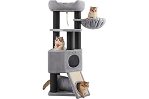 Feandrea Cat Tree, Large Cat Tower with Fluffy Plush Perch, Cat Condo with Basket Lounger and Cuddle Cave, Extra Thick Posts Completely Wrapped in Black Sisal, Stable, Comfortable, Light Grey PCT02W