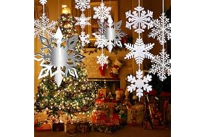 HENGBIRD 44Pcs Large 3D Snowflake Ornaments, White/Silver Glitter Snowflake, Winter Snowflake Ornaments Decorations, Hanging Garland for Christmas Wedding Frozen Winter Theme New Year Party