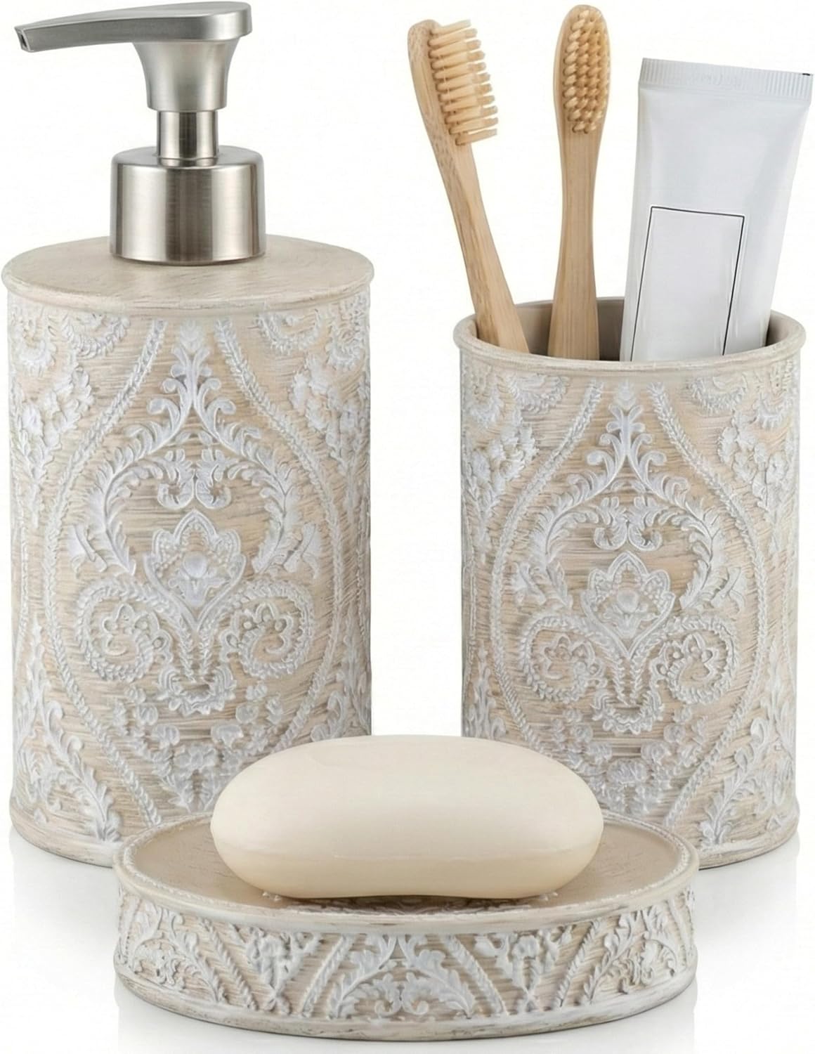 Kook Time Set de Baño 3 Piezas Serie Damask - Dispensador (Bomba Zinc Inoxidable), Portacepillos y Jabonera - Diseño Clásico Relieve Floral - Color Crema