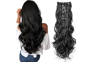 JIAMEISI 22 Inch Long Curly Clip-in Hair Extensions, Full Head Synthetic, 180g Thick Double Weft, #1B Natural Black Wavy Hairpieces for Women