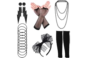 worahroe 80er jahre outfit damen, 1980s Fancy Dress Neon Kostüm Zubehör Set, Tutu Rock Beinwärmer Halskette Armbänder Fischnetz Handschuhe Spitze Schleife Stirnband Ohrringe für 80s Retro Party