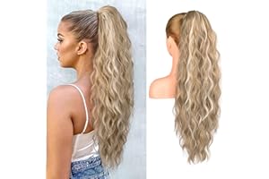 REECHO Ponytail Extension, 26" Long Beach Wave Drawstring Pony Hair Extension Synthetic Pony Tail Hairpiece for Women - Ash Blonde with Highlights
