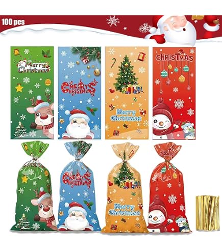 100 Sacchetti Natalizi In Cellophane Con Lacci Dorati – 5 Design: Babbo Natale, Renna, Pupazzo Di Neve, Albero, Fiocco