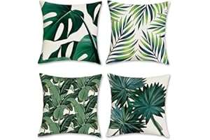 Bonhause Tropical Leaves Cushion Covers 45 x 45 cm Green Leaf Decorative Throw Pillow Covers Polyester Linen Pillowcases for Sofa Garden Outdoor Home Decor Set of 4