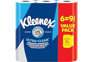 Kleenex Rouleau de cuisine Ultra Clean, 6 rouleaux de cuisine Maxi XL (=9 rouleaux), absorption et résistance inégalées - Papier essuie-tout - Emballage 100% recyclable Blanc