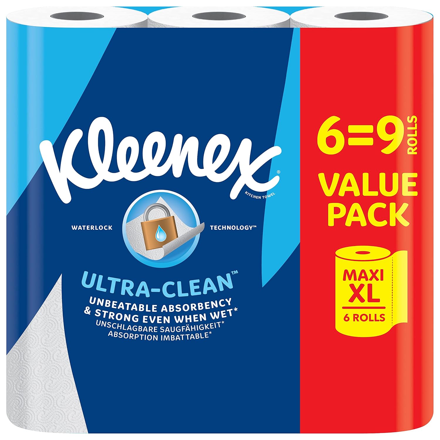 Kleenex keukenroll Ultra Clean - 6 Maxi XL keukenrollen (=9 rollen) - Onovertroffen absorptievermogen en sterkte keukenpapier - 100% recyclebare verpakking