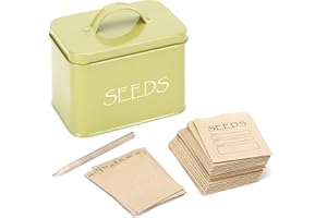 Katai Steel Seed Storage Box Organiser in Green. Compact Seed Packet Container with Lid Complete with Monthly Dividers, 20 Envelopes and Pencil