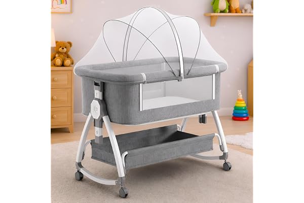 CAREIT Premium 6-in-1 Baby Bedside Cot, Crib, Cradle Portable All-Mesh Bassinet with Multi-Purpose Tray,Wheels, Storage Basket, and 6 Height Adjustments, for Newborns- Grey