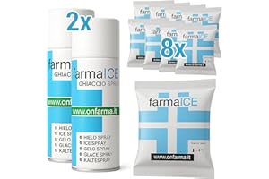 OnFarma KIT 8 pz. GHIACCIO SECCO ISTANTANEO BUSTA + 2 pz. GHIACCIO SPRAY 400 ML, Buste Ghiaccio Secco Medico FarmaICE, Ghiacco Sintetico Traumi, Sport e Crioterapia, Ghiaccio Pronto Uso, Freddo Spray.