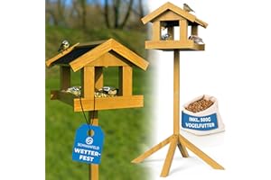 Schwanfeld® Vogelhaus mit Ständer wetterfest [FÜR ALLE VOGELARTEN] - inkl. 500g Vogelfutter - Vogelfutterhaus mit Ständer wetterfest & langlebig - sicheres Futterhaus für Vögel 1,2m hoch (kippsicher)