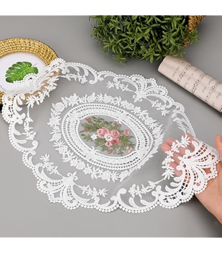 Runner da tavola in pizzo bianco, 2 pezzi, 46 x 32 cm, lavabili, rettangolari, in pizzo, riutilizzabili, con motivo peonia, per tavoli, matrimoni, tè, feste, decorazione cucina