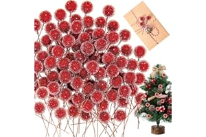 VDSOW Christmas Artificial Holly Berries 100Pcs Frosted Red Berry Picks Wreath Making Supplies Crafting Mini Artificial Berries Fruit Flower Ornament for Xmas Tree Wreaths Decorations DIY Craft