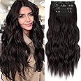 KooKaStyle Clip in Long Wavy Synthetic Hair Extension 20 Inch 4PCS Dark Brown Hairpieces Fiber Thick Double Weft Hair Extension for Women