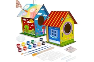 HYWEAN HOMD 2 piezas casa de pájaros de madera DIY para exteriores, casa de pájaros con pinturas y pinceles, kit creativo de nido de pájaros para exteriores, regalo para niños o amantes de los pájaros
