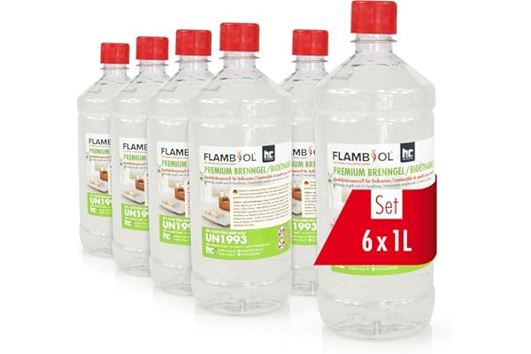 FLAMBIOL® Bioéthanol Premium en Gel (6 x 1 L) – Combustible Longue Durée, Idéal pour Cheminées d'Intérieur et d'Extérieur – Formule Améliorée et Écologique, Fabriqué en Allemagne