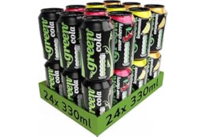 GREEN COLA Green Drinks Variety Pack - Low Calorie Sparkling Soft Drinks - Cola, Lemonade, Orange, Cherry - Sweetened with Stevia, No Added Sugar, Natural Caffeine, No Aspartame - Bulk Pack 24 Cans x 330ml