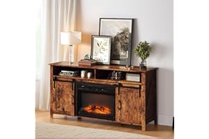 HOBBYZOO Electric Fire Insert TV Stand up to 70'', Fireplace TV Unit Cabinet, Farmhouse Wood Media with Fire, Sliding Barn Door and Storage Shelves (Rustic Brown)
