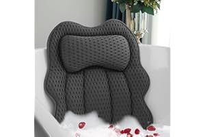 Joeyset Luxury Bathtub Pillow, 4D Air Mesh Fabric for Breathability & Quick-Drying, Extra Thick Spa Cushion for Head, Neck, Back Support, Non-Slip Tub Pillow with Strong Suction Cups (Gray)