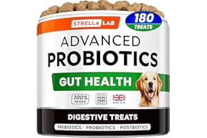 STRELLALAB Advanced Probiotics for Dogs Gut Health with Fibre - Pre, Post & Probiotic Treats - Dogs Digestive Health Sensitive Tums Support - All Breeds & Ages - Dog Probiotics for Gut Health (180 Ct)