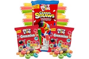NEEDZO Froot Loops Lovers Snack Assortment, Flavored Gummy Candy and Cereal Straws, Edible Straw Alternatives for Milk, Nostalgic Childhood Breakfast Treats