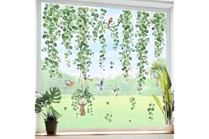 decalmile Pegatinas de Ventana Hojas Verde de Vid Colgantes Vinilos para Ventanas Plantas Pájaros Primavera Anticolisión Vinilo No Adhesivo de Pegatinas Vidrio Ventana
