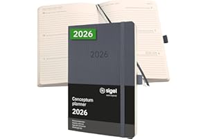 ‎SIGEL SIGEL C2636 Wochenplaner Wochenkalender 2026, ca. A5, dunkelgrau, Softcover, 192 Seiten, Gummiband, Stiftschlaufe, Archivtasche, aus nachhaltigem Papier, Kalenderbuch Conceptum