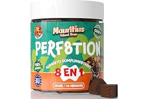 MAURITIUS ISLAND DOGS Suplemento para Perros con Probióticos 8 en 1 Multi Vitaminas Glucosamina y Condroitina para Articulaciones y Huesos Fuertes MSM Colágeno Aceite de Salmón y Mariscos para Agilidad y Energía Perro
