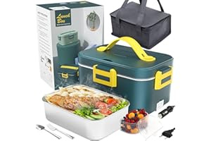 Fishoney Scaldavivande Elettrico Portatile, Porta Pranzo di Acciaio Inossidabile 75W, con Forchetta e Cucchiaio e 2 Contenitori Removibili, 3 in 1(12V/24V/220V), per Auto/Camion/Ufficio/Casa(1.8L)