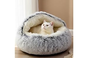 JupiterJX Round Cat Bed Fluffy Pet Beds Indoor Cat Cave Hooded Bed, Non-Slip Bottom Washable Removeable Plush Cover, Kitten, Cats, Dogs Sleeping Cushion Beds (Grey, 50cm)