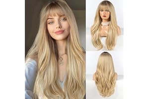 ‎HAIRCUBE HAIRCUBE Lange blonde Perücke mit Pony, geschichtete lockige Perücken für Frauen, natürliche synthetische Perücken für den täglichen Gebrauch (Pelucas de cabello natural)
