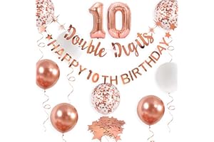 PINKBLUME Rose Gold Double Digits Happy 10th Birthday Banner Garland Foil Balloon 10 for Girls Boys 10th Birthday Decorations Hanging 10 and Fabulous Cheers to 10 Years Old Ten Birthday Party Supplies Backdrop