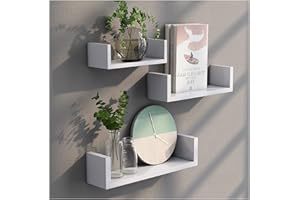 Homme Concept - Floating Shelves Set of 3 - U Shaped Composite Wood Wall Mounted Display Shelf for Bedroom, Living Room, Bathroom, Kitchen, and Office (White)
